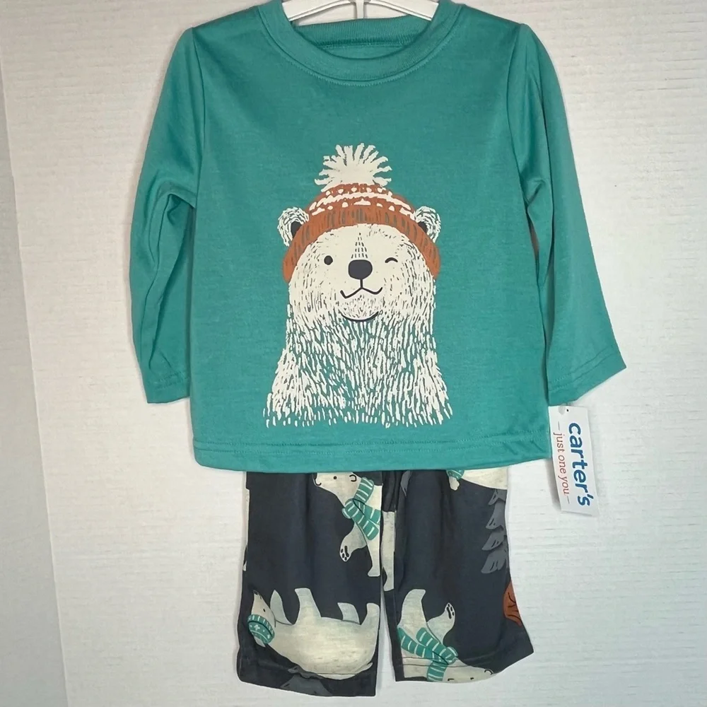 Carter's Blue Green Toddler Boys' 2pc Polar Bear Long Sleeve Pajama Set 12M NEW!